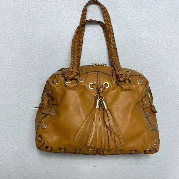 VINTAGE Michael Kors ASTOR BRAID Handbag Camel Leather Grommet Satchel Y2K - Picture 2 of 15